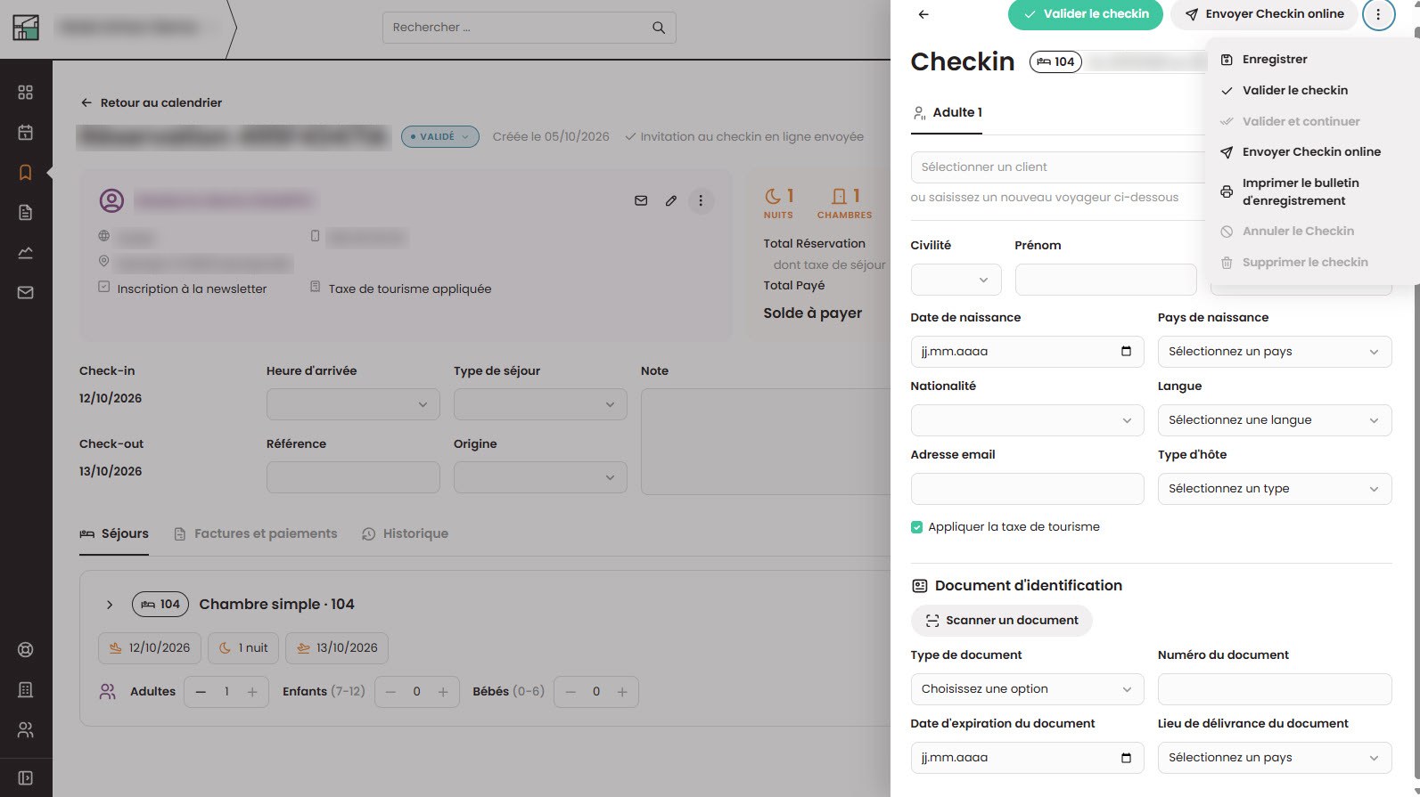 Check-in dans Arhon PMS
