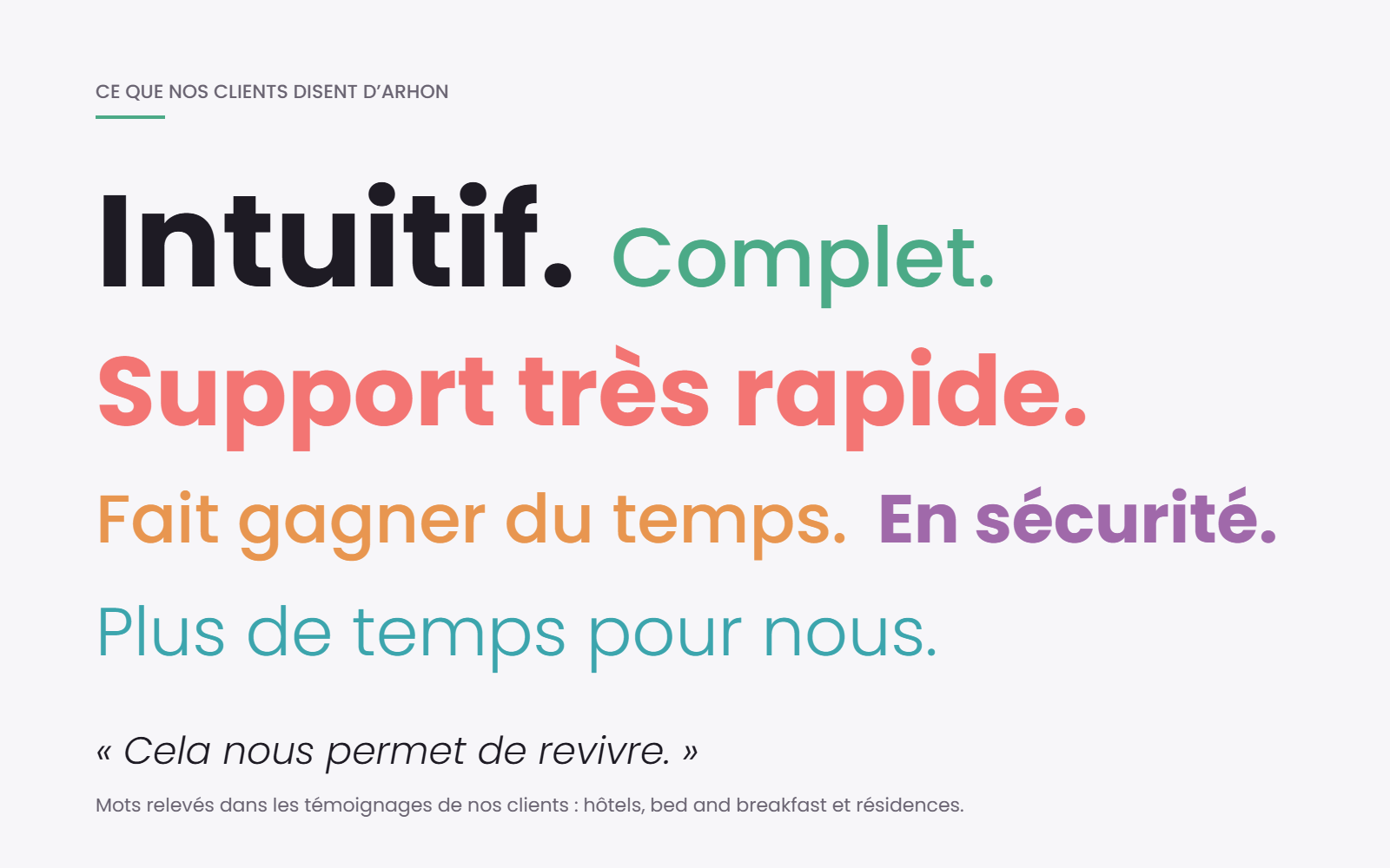 Mots de nos clients sur Arhon : intuitif, complet, support très rapide, fait gagner du temps, en sécurité, plus de temps pour nous
