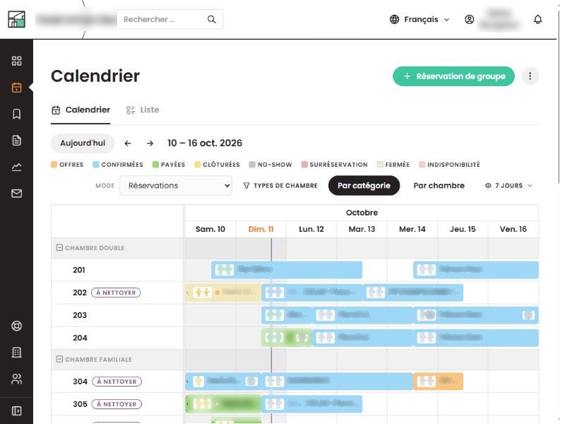 Calendrier des réservations dans Arhon, sur tablette, avec les chambres à nettoyer